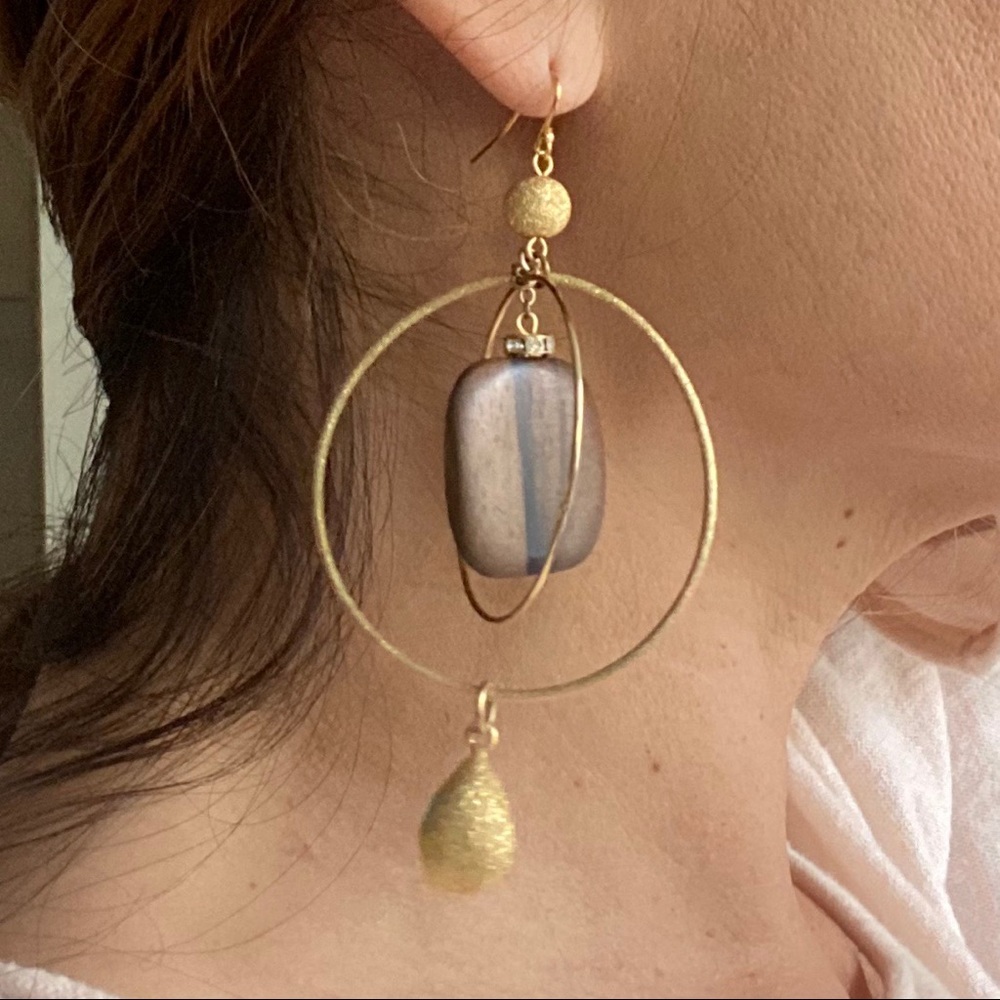 Gold Double Hoop Stone Drop Earrings